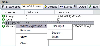 Perl Editor: Debugger - Watchpoints